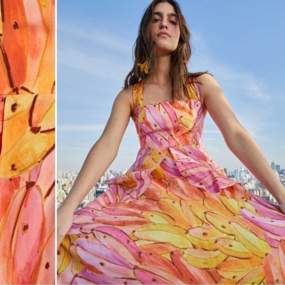 FARM RIO Nwot Ombre Bananas Crossed Back Square Neck Maxi Dress XS Women's - Picture 5 of 15